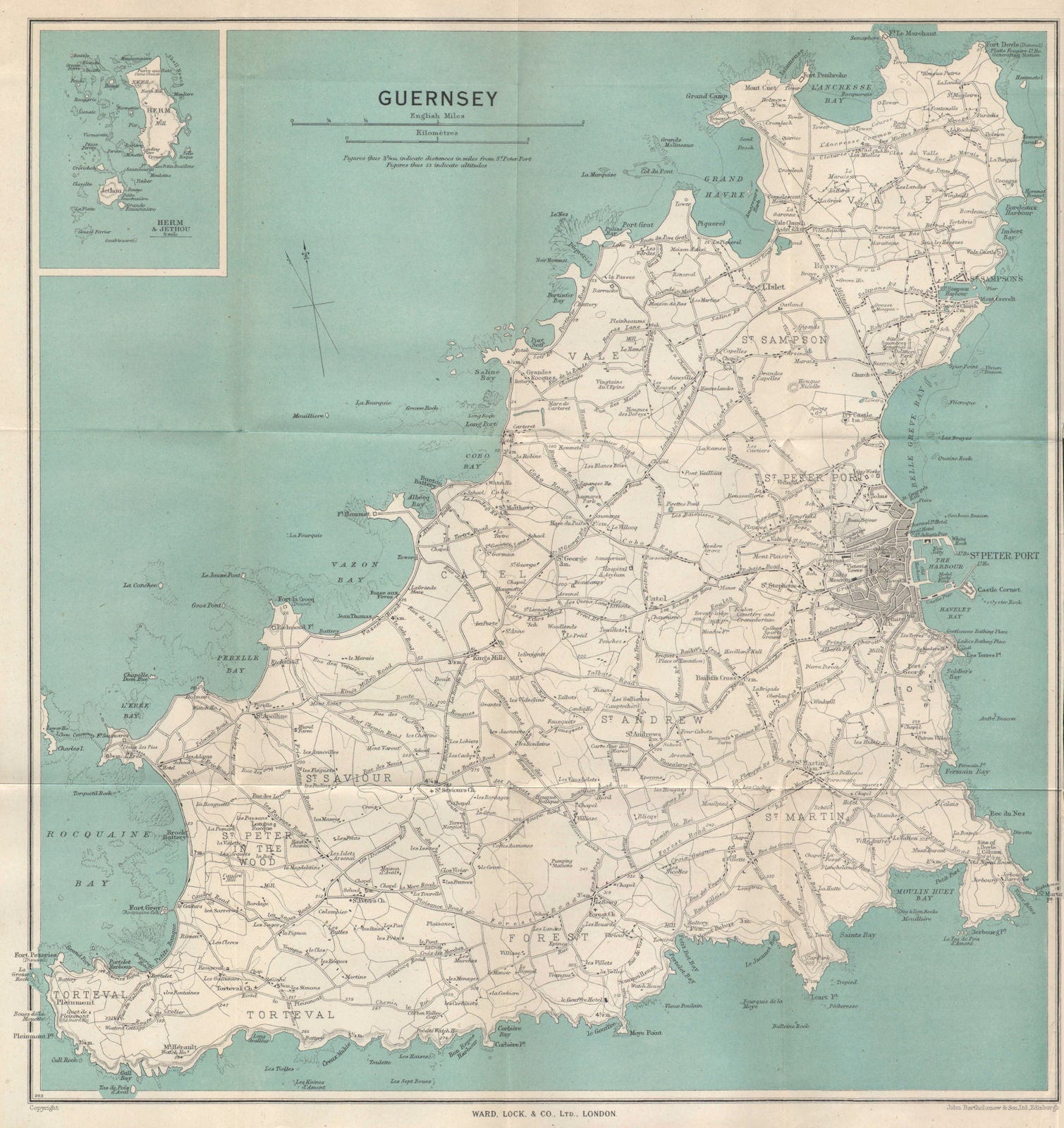 GUERNSEY. Inset Herm & Jethou. St Peter Port. WARD LOCK c1967 old vintage map
